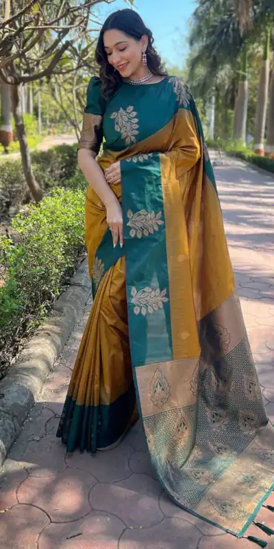 Mustered Lichi Silk Jacquard Saree | Sarees, Bollywood Sarees, Creative Sarees, Designer Sarees, Embroidered Sarees, Ethnic Saree, Modern Digital sarees, Party Wear Sarees