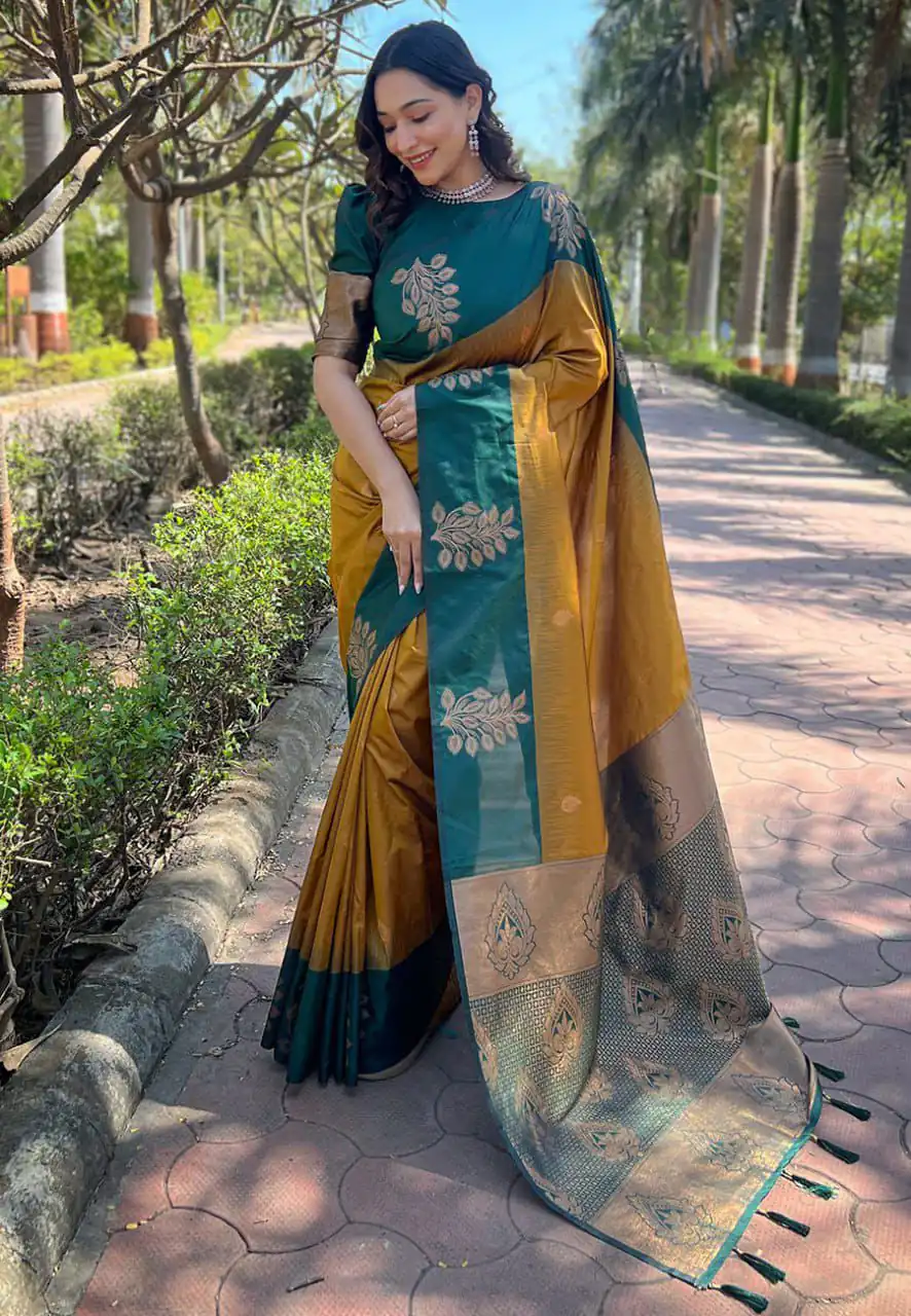 Mustered Lichi Silk Jacquard Saree | Sarees, Bollywood Sarees, Creative Sarees, Designer Sarees, Embroidered Sarees, Ethnic Saree, Modern Digital sarees, Party Wear Sarees