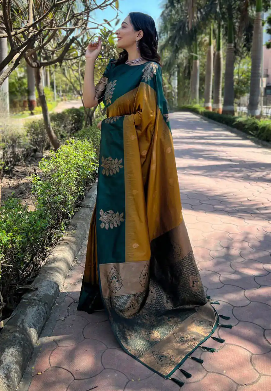 Mustered Lichi Silk Jacquard Saree | Sarees, Bollywood Sarees, Creative Sarees, Designer Sarees, Embroidered Sarees, Ethnic Saree, Modern Digital sarees, Party Wear Sarees
