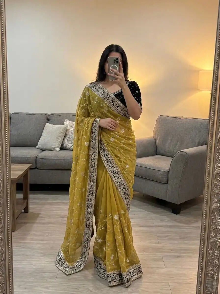 Mustered Moss Silk Zari Embroidery Work Saree | Sarees, Bollywood Sarees, Creative Sarees, Designer Sarees, Embroidered Sarees, Ethnic Saree, Modern Digital sarees, Party Wear Sarees