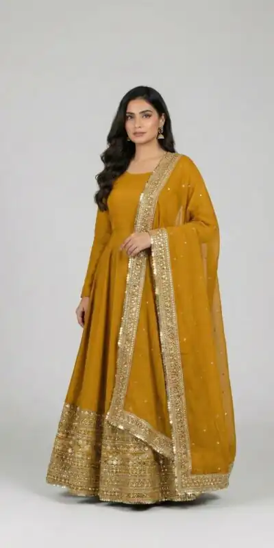 Mustered Roman Silk Embroidery Lace Work Gown | Gowns, Bollywood Gowns, Creative Gowns, Designer Gowns, Embroidered Gowns, Party Wear Gowns