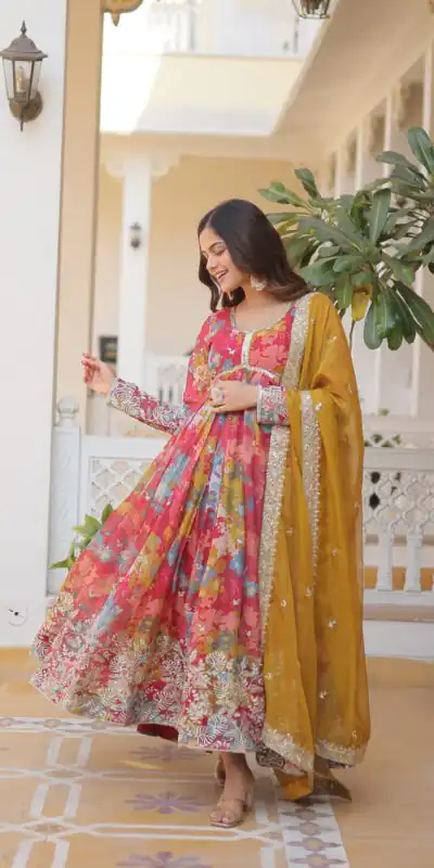 Mustered Russian Silk Embroidery Work Gown | Gowns, Bollywood Gowns, Creative Gowns, Designer Gowns, Embroidered Gowns, Party Wear Gowns