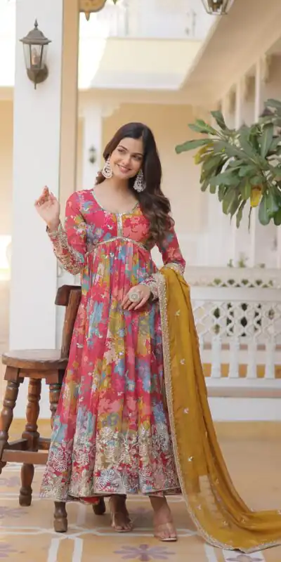 Mustered Russian Silk Embroidery Work Gown | Gowns, Bollywood Gowns, Creative Gowns, Designer Gowns, Embroidered Gowns, Party Wear Gowns