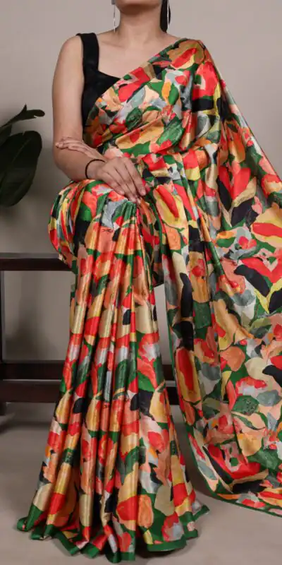 Mustered Satin Silk Floral Print Saree | Sarees, Bollywood Sarees, Creative Sarees, Designer Sarees, Embroidered Sarees, Ethnic Saree, Modern Digital sarees, Party Wear Sarees