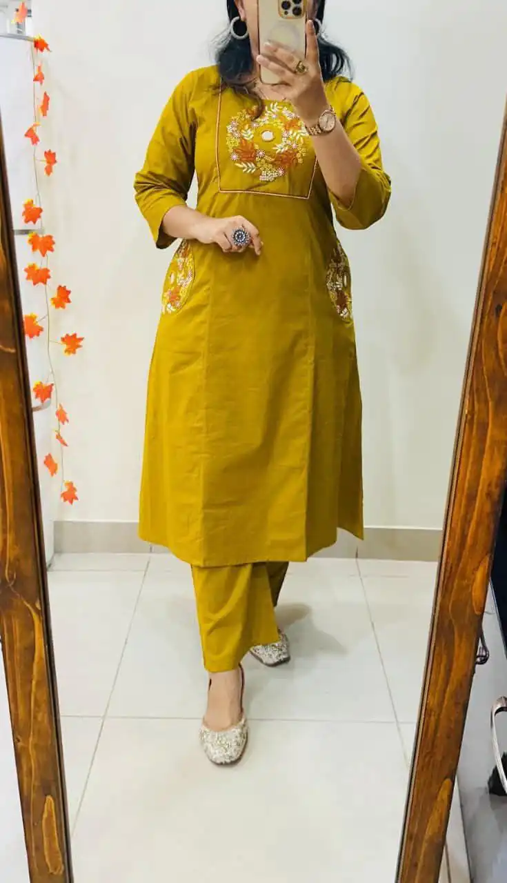Mustered Soft Cotton Slub Embroidery Work Kurti | Kurti, Bollywood Kurti, Creative Kurtis, Designer Kurti, Party Wear Kurti, Selfie Kurti