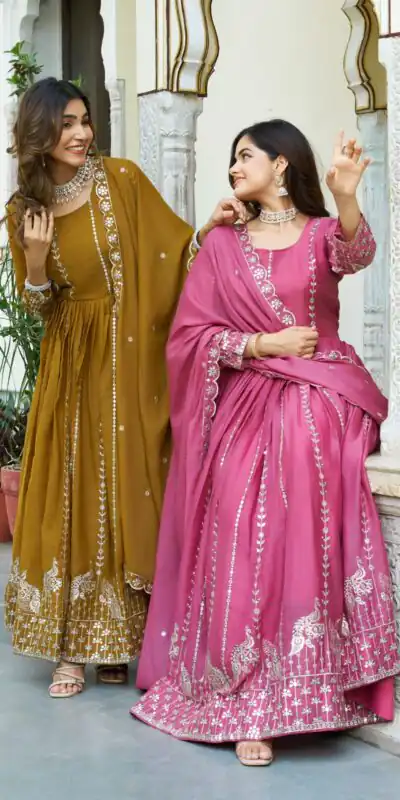 Mustered Star Georgette Embroidery Work Gown | Jump Suits, Salwar suit, Casual Suits, Creative suits, Designer Suits, Palazzo Suits, Party Wear Suits, Patiala Suits, Straight Suits