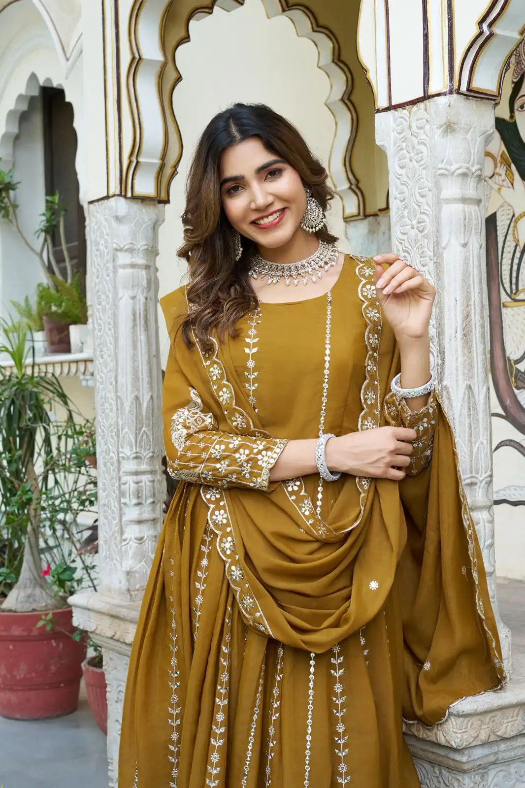 Mustered Star Georgette Embroidery Work Gown | Jump Suits, Salwar suit, Casual Suits, Creative suits, Designer Suits, Palazzo Suits, Party Wear Suits, Patiala Suits, Straight Suits