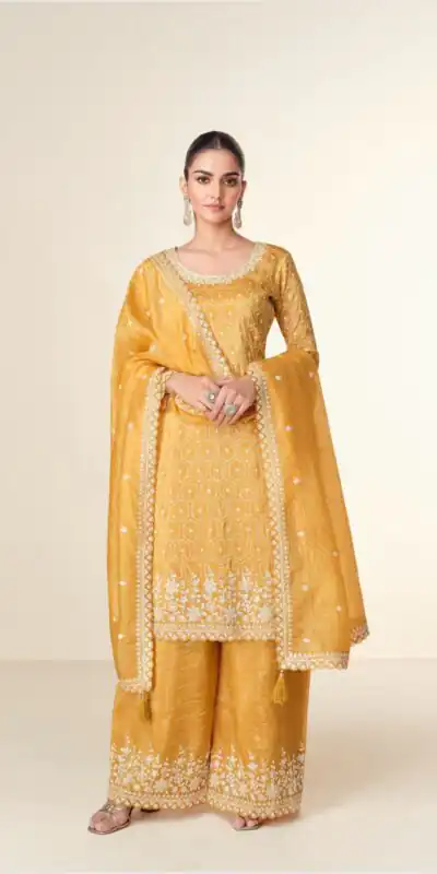 Mustered Tissue Crush Embroidery Work Salwar Suit | Jump Suits, Salwar suit, Casual Suits, Creative suits, Designer Suits, Palazzo Suits, Party Wear Suits, Patiala Suits, Straight Suits