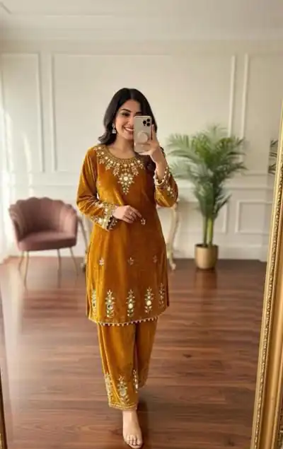 Mustered Velvet Embroidery Mirror Work Salwar Suit | Jump Suits, Salwar suit, Casual Suits, Creative suits, Designer Suits, Palazzo Suits, Party Wear Suits, Patiala Suits, Straight Suits