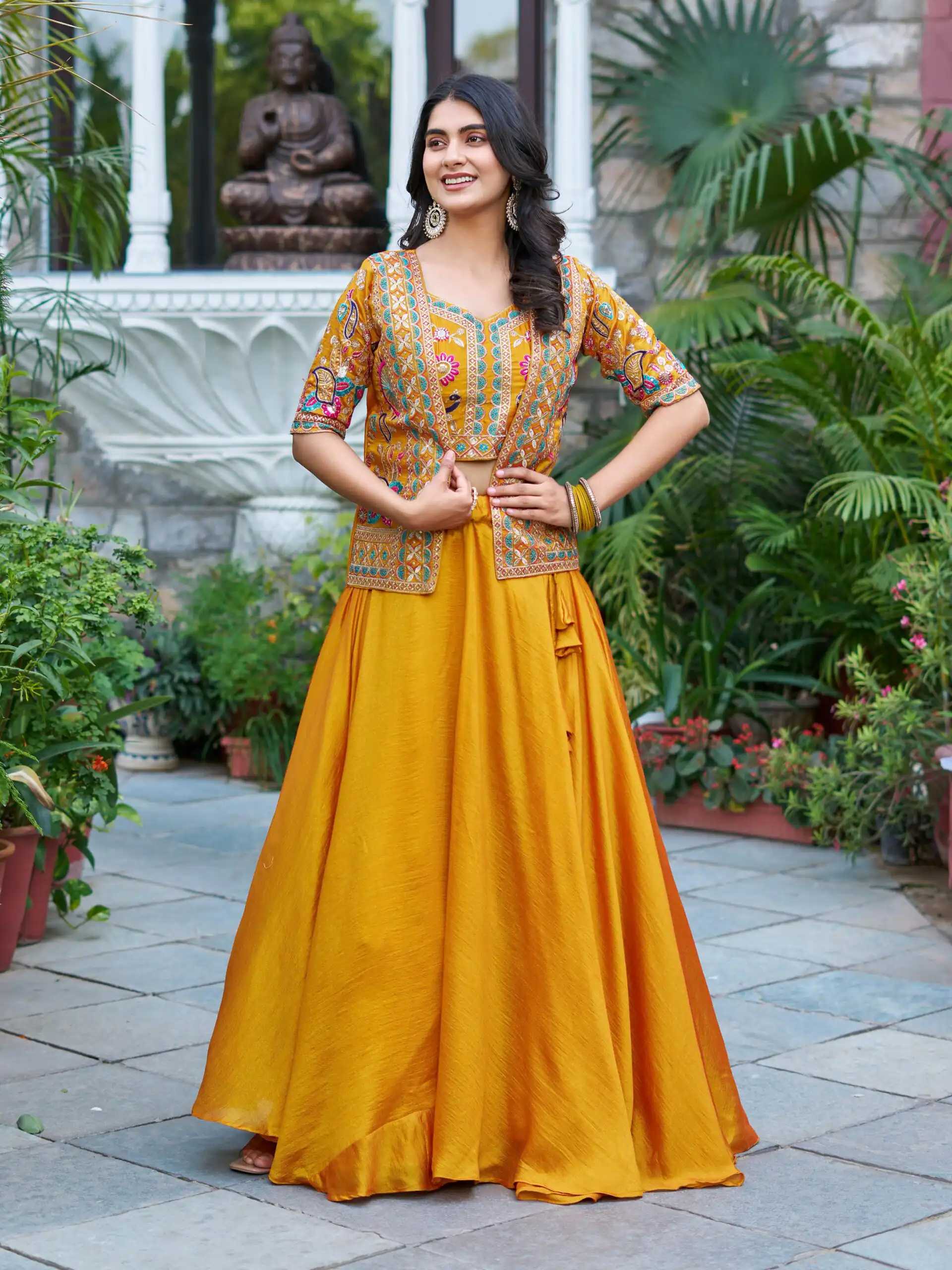 Mustered Vichitra Embroidery Thread Work Lehenga Choli | Lehenga, Bollywood Lehenga, Creative Lehenga, Designer Lehenga, Embroidered Lehenga, Party Wear Lehenga