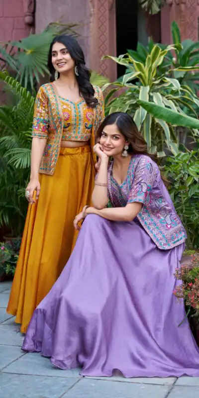 Mustered Vichitra Embroidery Thread Work Lehenga Choli | Lehenga, Bollywood Lehenga, Creative Lehenga, Designer Lehenga, Embroidered Lehenga, Party Wear Lehenga