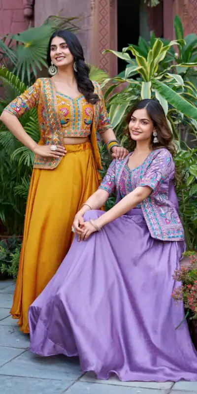 Mustered Vichitra Embroidery Thread Work Lehenga Choli | Lehenga, Bollywood Lehenga, Creative Lehenga, Designer Lehenga, Embroidered Lehenga, Party Wear Lehenga