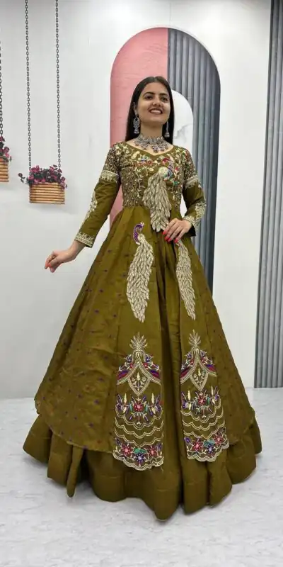 Mustered Vichitra Sequence Work Lehenga Choli | Lehenga, Bollywood Lehenga, Creative Lehenga, Designer Lehenga, Embroidered Lehenga, Party Wear Lehenga