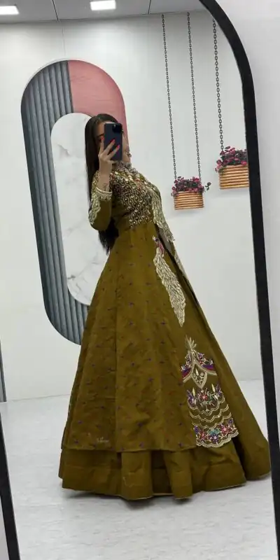 Mustered Vichitra Sequence Work Lehenga Choli | Lehenga, Bollywood Lehenga, Creative Lehenga, Designer Lehenga, Embroidered Lehenga, Party Wear Lehenga