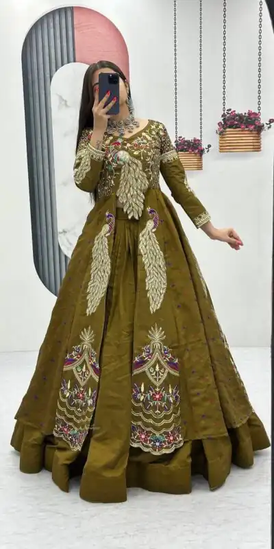 Mustered Vichitra Sequence Work Lehenga Choli | Lehenga, Bollywood Lehenga, Creative Lehenga, Designer Lehenga, Embroidered Lehenga, Party Wear Lehenga