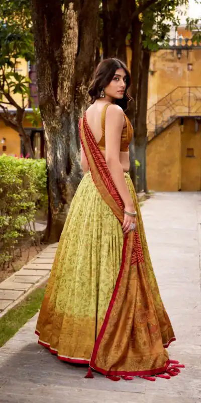 Mustered Vichitra Silk Printed Lehenga Choli | Lehenga, Bollywood Lehenga, Creative Lehenga, Designer Lehenga, Embroidered Lehenga, Party Wear Lehenga