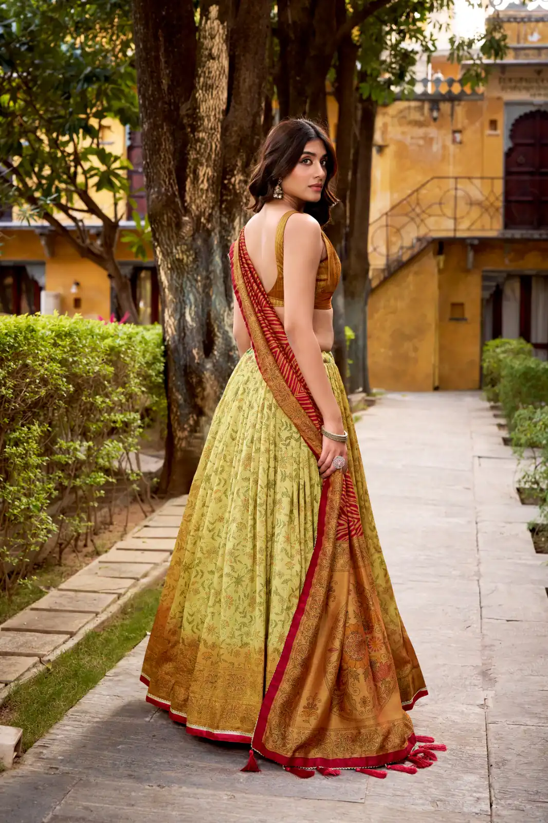 Mustered Vichitra Silk Printed Lehenga Choli | Lehenga, Bollywood Lehenga, Creative Lehenga, Designer Lehenga, Embroidered Lehenga, Party Wear Lehenga