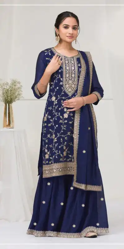 Navy Blue Blooming Vichitra Embroidery Work Salwar Suit | Jump Suits, Tops & Bottoms, Track Suits, Salwar suit, Casual Suits, Creative suits, Designer Suits, Palazzo Suits, Party Wear Suits, Patiala Suits, Straight Suits, Trendy Wear