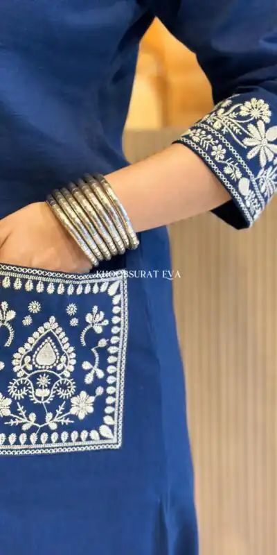 Navy Blue Cambric Cotton Embroidery Lace Work Kurti | Kurti, Bollywood Kurti, Creative Kurtis, Designer Kurti, Party Wear Kurti, Selfie Kurti