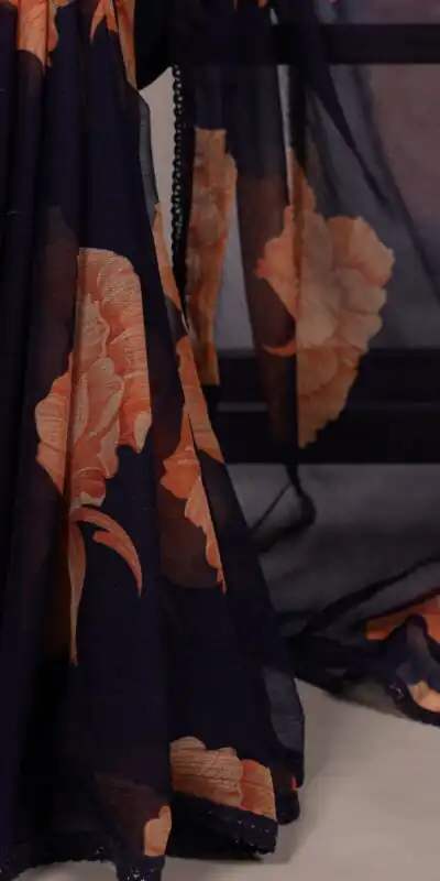 Navy Blue Chiffon With Lace Work Saree | Sarees, Bollywood Sarees, Creative Sarees, Designer Sarees, Embroidered Sarees, Ethnic Saree, Modern Digital sarees, Party Wear Sarees