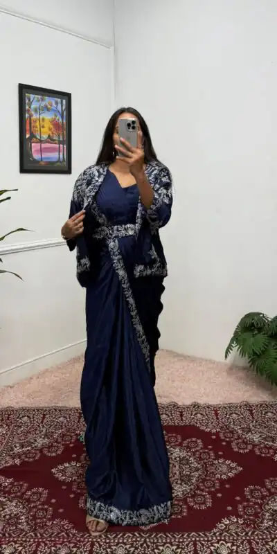 Navy Blue Chinon Embroidery Lace Work Saree | Sarees, Bollywood Sarees, Creative Sarees, Designer Sarees, Embroidered Sarees, Ethnic Saree, Modern Digital sarees, Party Wear Sarees