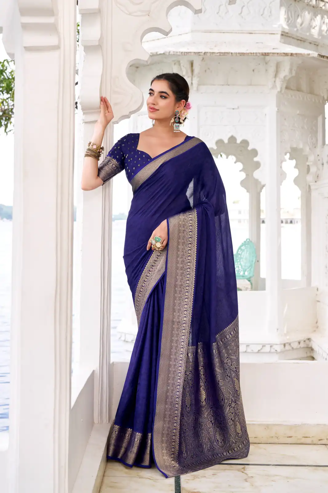 Navy Blue Chinon Zari Work Saree | Sarees, Bollywood Sarees, Creative Sarees, Designer Sarees, Embroidered Sarees, Ethnic Saree, Modern Digital sarees, Party Wear Sarees
