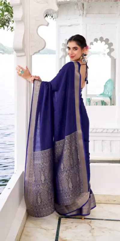 Navy Blue Chinon Zari Work Saree | Sarees, Bollywood Sarees, Creative Sarees, Designer Sarees, Embroidered Sarees, Ethnic Saree, Modern Digital sarees, Party Wear Sarees