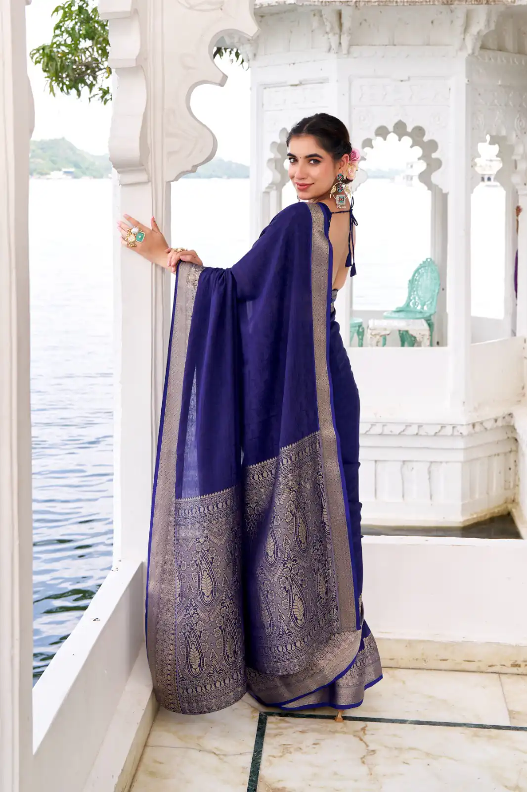 Navy Blue Chinon Zari Work Saree | Sarees, Bollywood Sarees, Creative Sarees, Designer Sarees, Embroidered Sarees, Ethnic Saree, Modern Digital sarees, Party Wear Sarees