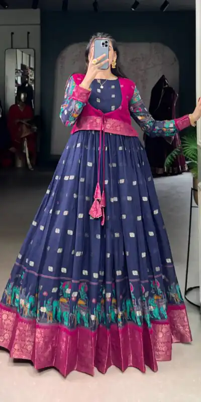 Navy Blue Cotton Kalamkari Gown | Gowns, Bollywood Gowns, Creative Gowns, Designer Gowns, Embroidered Gowns, Party Wear Gowns
