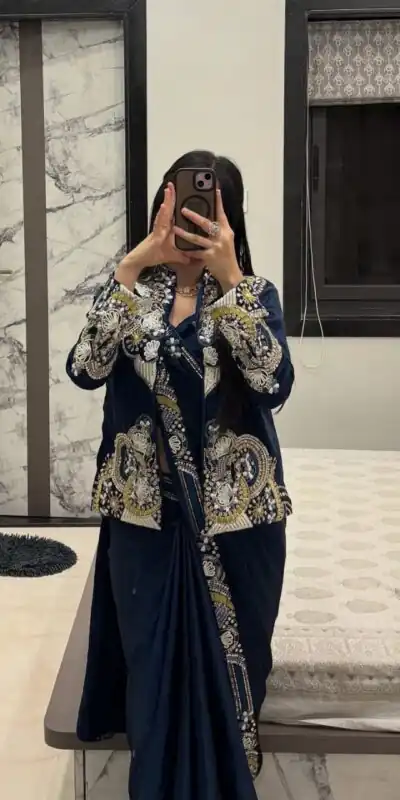 Navy Blue Crap Silk Embroidery Work Saree | Sarees, Bollywood Sarees, Creative Sarees, Designer Sarees, Embroidered Sarees, Ethnic Saree, Modern Digital sarees, Party Wear Sarees