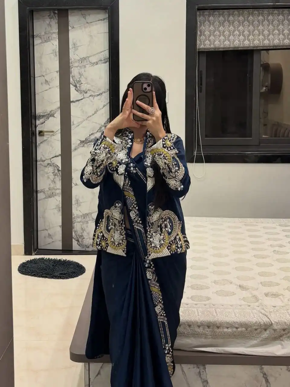 Navy Blue Crap Silk Embroidery Work Saree | Sarees, Bollywood Sarees, Creative Sarees, Designer Sarees, Embroidered Sarees, Ethnic Saree, Modern Digital sarees, Party Wear Sarees