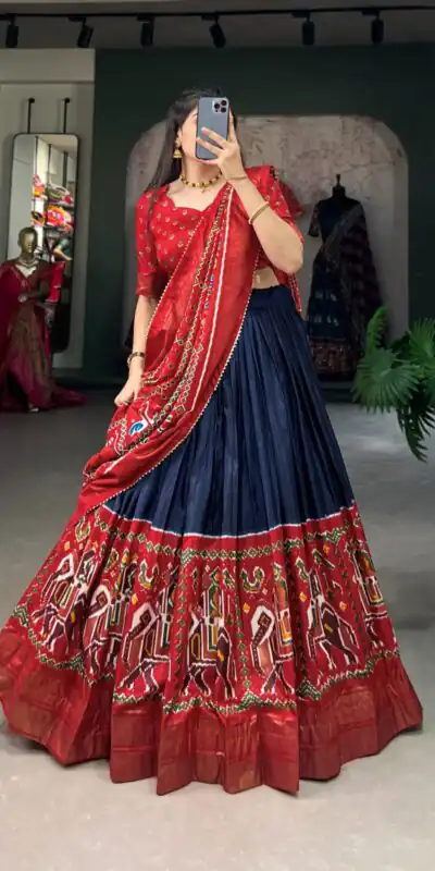 Navy Blue Dola Silk Patola Print Foil Lehenga Choli | Lehenga, Bollywood Lehenga, Creative Lehenga, Designer Lehenga, Embroidered Lehenga, Party Wear Lehenga