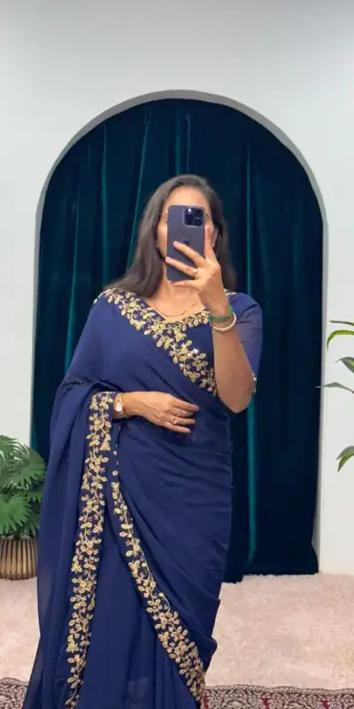 Navy Blue Faux Georgette Embroidery Work Border Stitched Saree-Gown | Gowns, Bollywood Gowns, Creative Gowns, Designer Gowns, Embroidered Gowns, Party Wear Gowns, Straight Suits