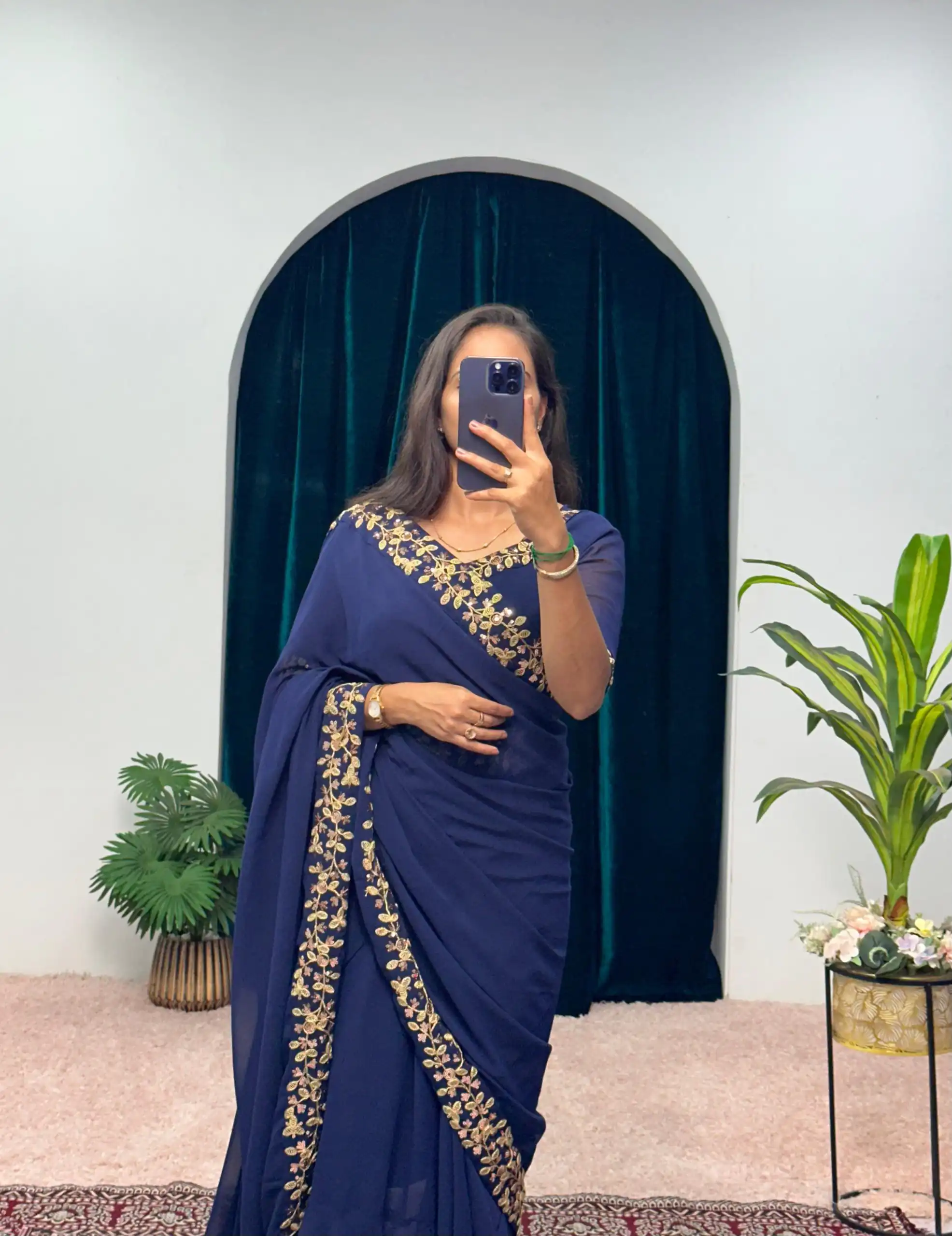 Navy Blue Faux Georgette Embroidery Work Border Stitched Saree-Gown | Gowns, Bollywood Gowns, Creative Gowns, Designer Gowns, Embroidered Gowns, Party Wear Gowns, Straight Suits