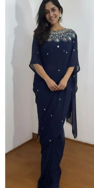Navy Blue Faux Georgette Mirror Embroidery Work Saree | Sarees, Bollywood Sarees, Creative Sarees, Designer Sarees, Embroidered Sarees, Ethnic Saree, Modern Digital sarees, Party Wear Sarees