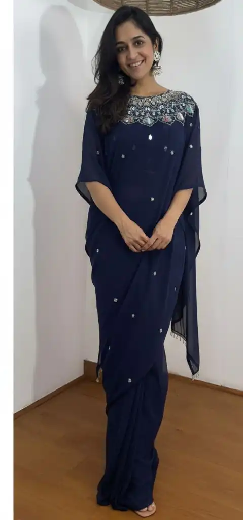 Navy Blue Faux Georgette Mirror Embroidery Work Saree | Sarees, Bollywood Sarees, Creative Sarees, Designer Sarees, Embroidered Sarees, Ethnic Saree, Modern Digital sarees, Party Wear Sarees