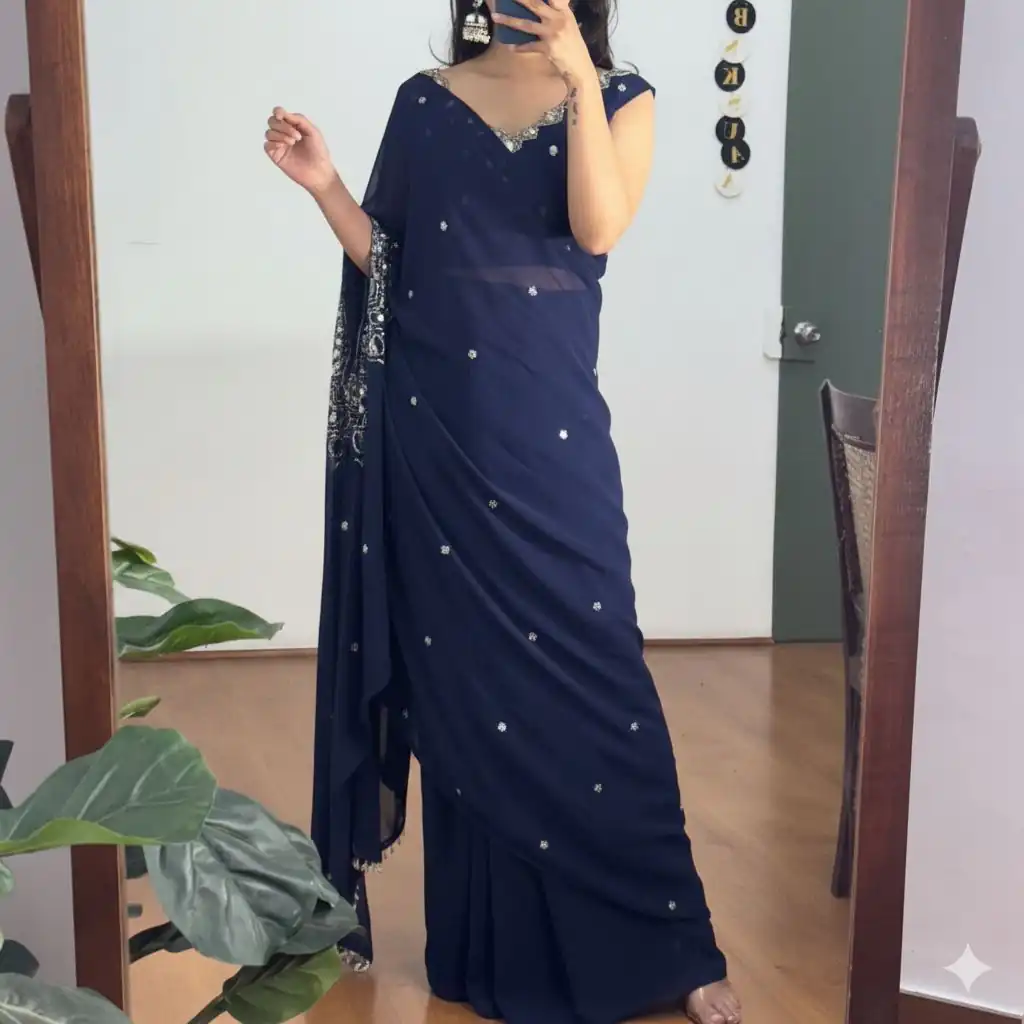 Navy Blue Faux Georgette Mirror Embroidery Work Saree | Sarees, Bollywood Sarees, Creative Sarees, Designer Sarees, Embroidered Sarees, Ethnic Saree, Modern Digital sarees, Party Wear Sarees