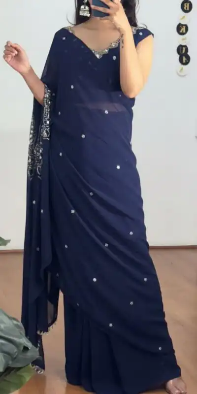 Navy Blue Faux Georgette Mirror Embroidery Work Saree | Sarees, Bollywood Sarees, Creative Sarees, Designer Sarees, Embroidered Sarees, Ethnic Saree, Modern Digital sarees, Party Wear Sarees