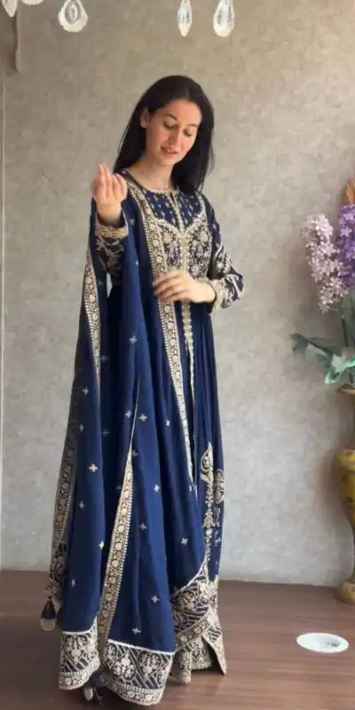 Navy Blue Faux Sequence Work Georgette Salwar Suit | Jump Suits, Salwar suit, Casual Suits, Creative suits, Designer Suits, Palazzo Suits, Party Wear Suits, Patiala Suits, Straight Suits