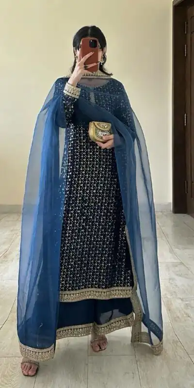 Navy Blue Foix Georgette Thread With Sequence Salwar Suit | Jump Suits, Salwar suit, Casual Suits, Creative suits, Designer Suits, Palazzo Suits, Party Wear Suits, Patiala Suits, Straight Suits