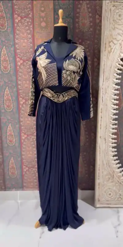 Navy Blue French Crape Embroidery Work Dhoti Suit | Jump Suits, Salwar suit, Casual Suits, Creative suits, Designer Suits, Palazzo Suits, Party Wear Suits, Patiala Suits, Straight Suits