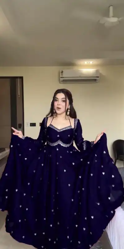 Navy Blue Georgette Sequence Gown | Gowns, Bollywood Gowns, Creative Gowns, Designer Gowns, Embroidered Gowns, Party Wear Gowns