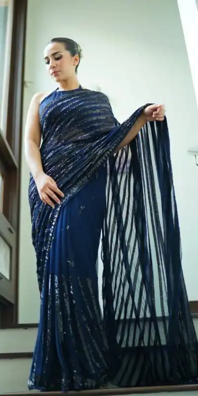 Navy Blue Georgette Sequence Work Saree | Sarees, Bollywood Sarees, Creative Sarees, Designer Sarees, Embroidered Sarees, Ethnic Saree, Modern Digital sarees, Party Wear Sarees