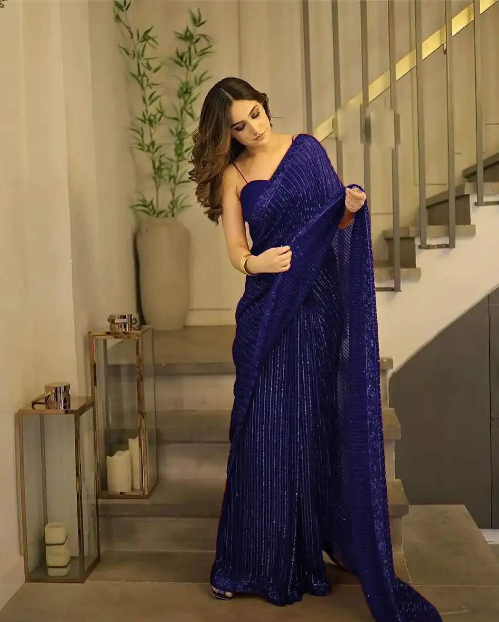 Navy Blue Georgette Sequins Embroidery Saree | Sarees, Bollywood Sarees, Creative Sarees, Designer Sarees, Embroidered Sarees, Ethnic Saree, Modern Digital sarees, Party Wear Sarees