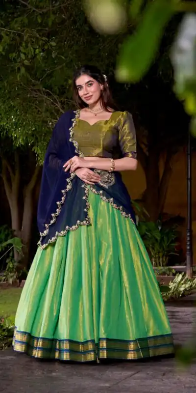 Navy Blue Kanchipuram Weaving Lehenga Choli | Lehenga, Bollywood Lehenga, Creative Lehenga, Designer Lehenga, Embroidered Lehenga, Party Wear Lehenga
