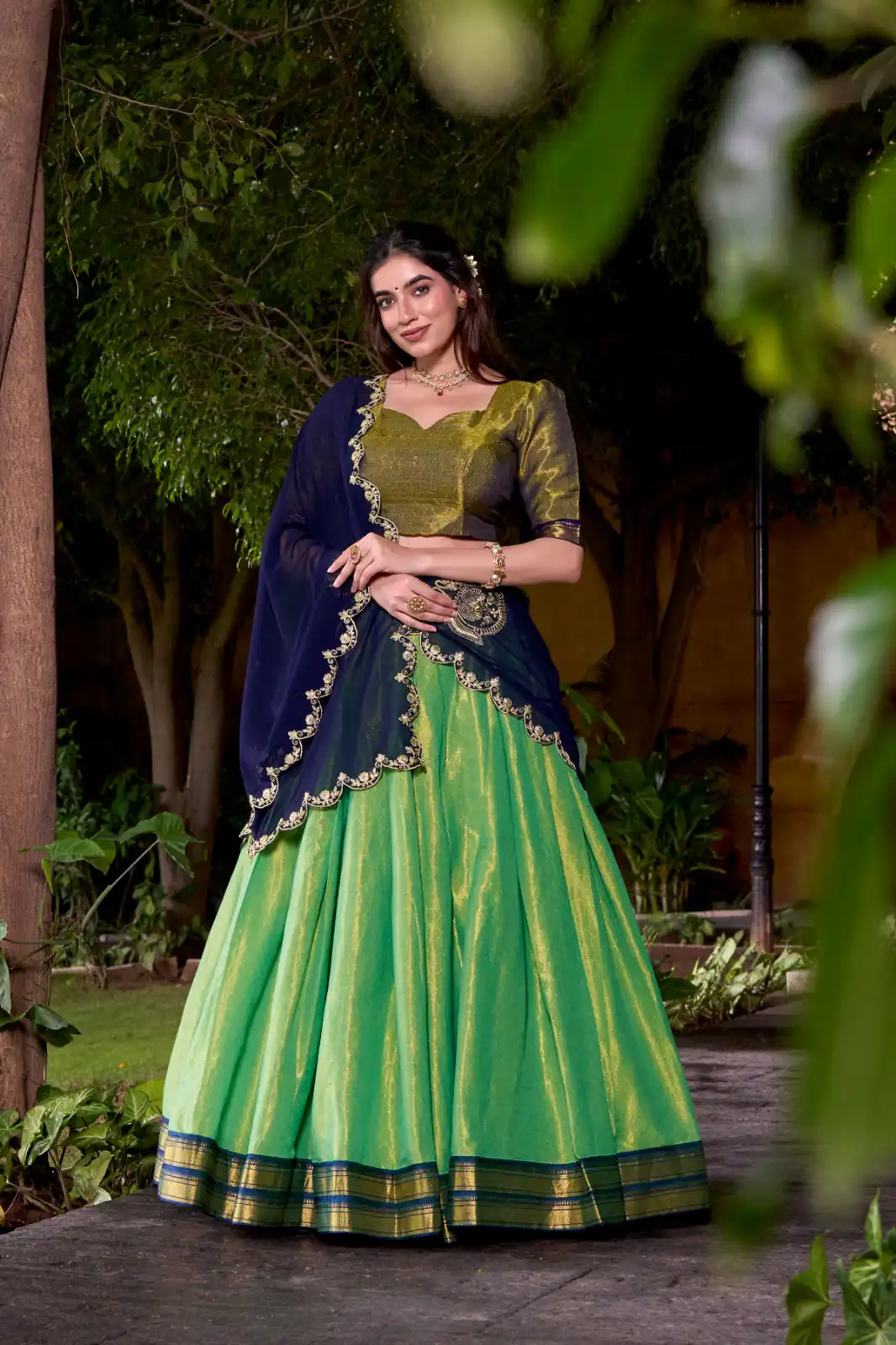 Navy Blue Kanchipuram Weaving Lehenga Choli | Lehenga, Bollywood Lehenga, Creative Lehenga, Designer Lehenga, Embroidered Lehenga, Party Wear Lehenga