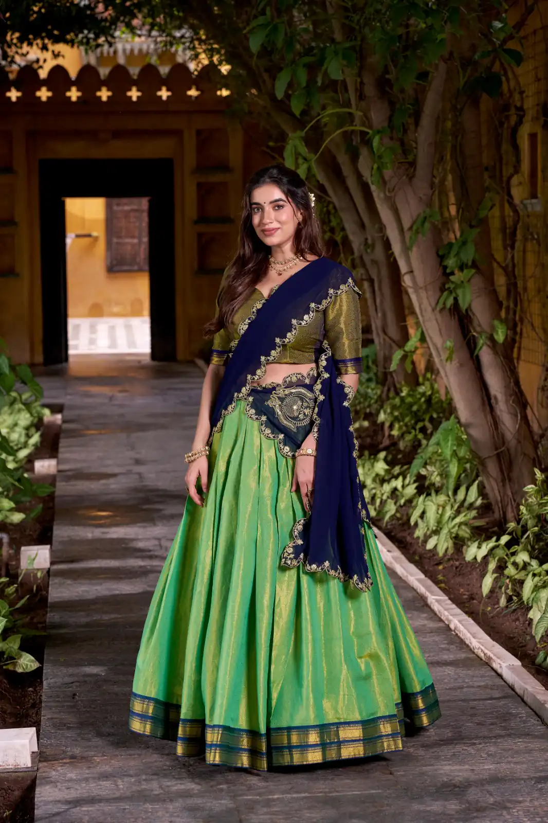Navy Blue Kanchipuram Weaving Lehenga Choli | Lehenga, Bollywood Lehenga, Creative Lehenga, Designer Lehenga, Embroidered Lehenga, Party Wear Lehenga