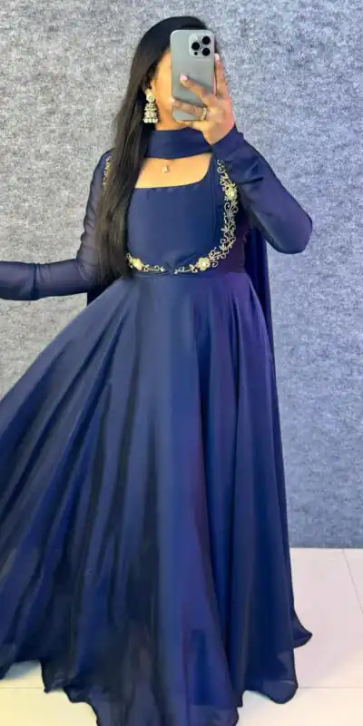 Navy Blue Rangoli Silk Handwork Lace Work Gown | Gowns, Bollywood Gowns, Creative Gowns, Designer Gowns, Embroidered Gowns, Party Wear Gowns