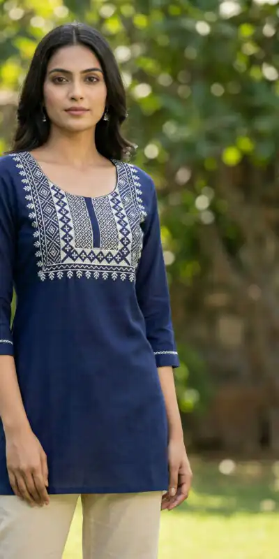 Navy Blue Rayon Thread Work Kurti | Kurti, Bollywood Kurti, Creative Kurtis, Designer Kurti, Party Wear Kurti, Selfie Kurti