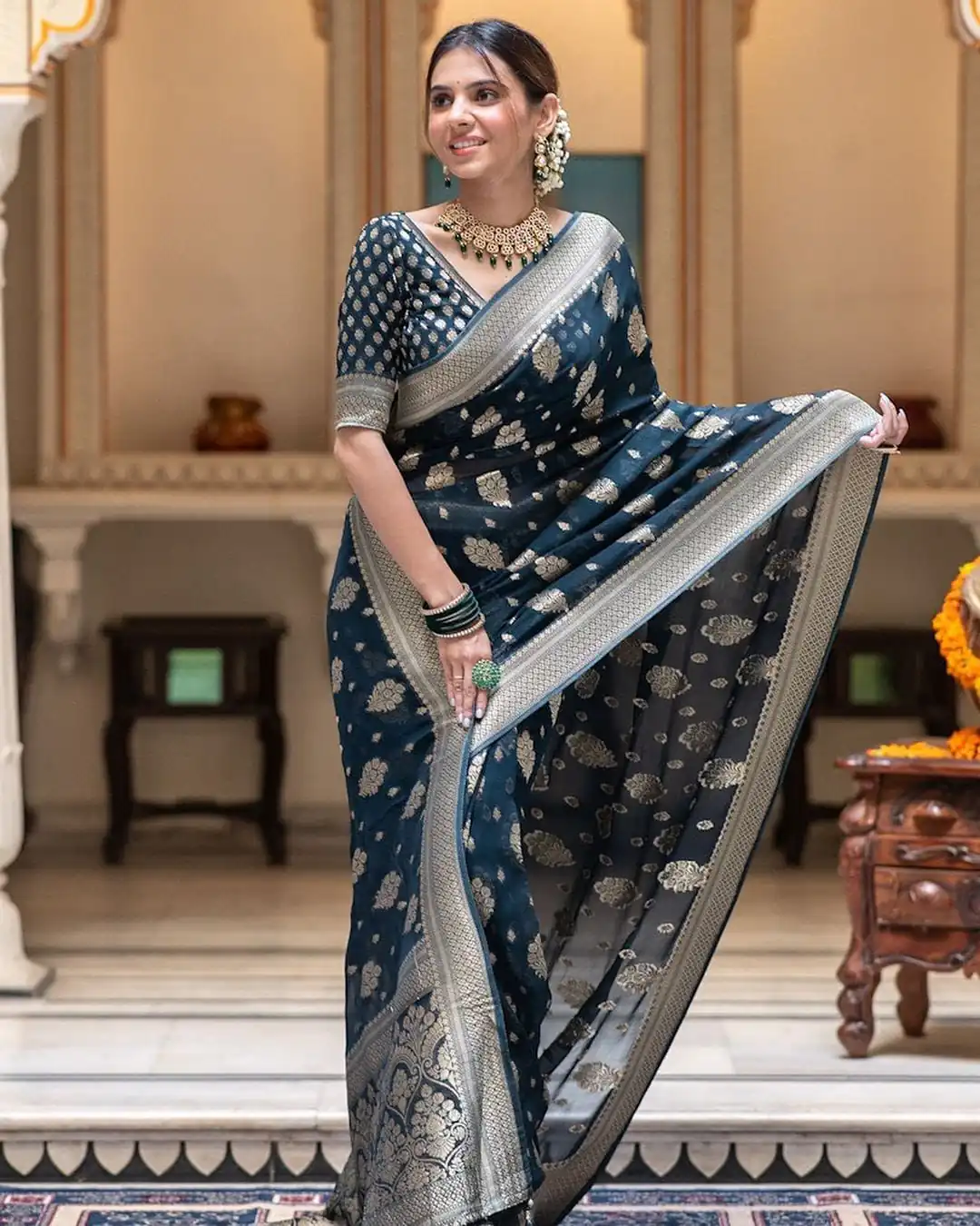 Navy Blue Soft Lichi Silk Jacquard Work Saree | Sarees, Bollywood Sarees, Creative Sarees, Designer Sarees, Embroidered Sarees, Ethnic Saree, Modern Digital sarees, Party Wear Sarees